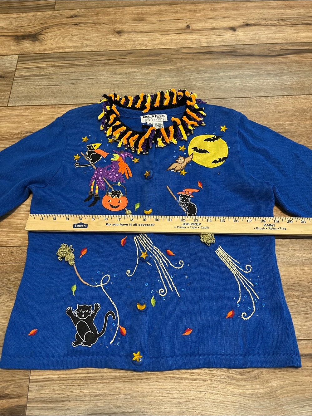 Jack B. Quick Halloween Witch Cat Pumpkin Cardigan Sweater Blue Size M Vintage - Picture 5 of 13